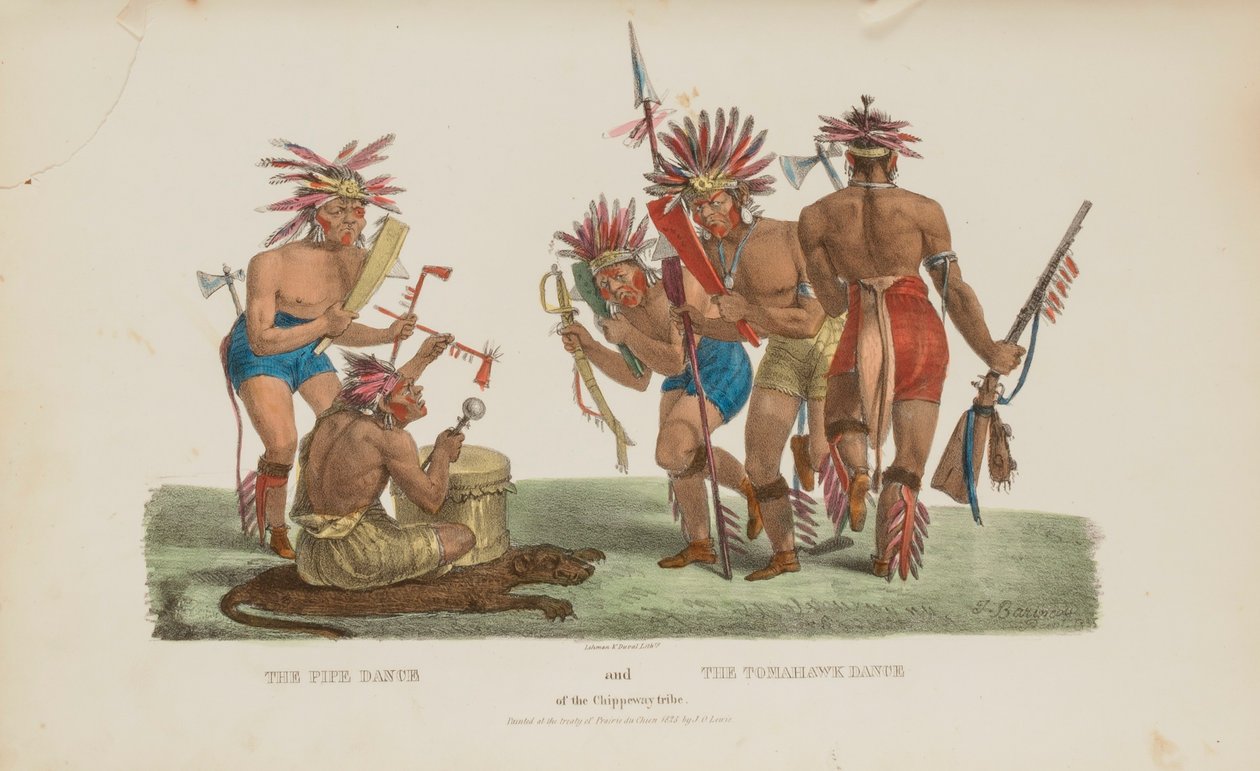 La Danza de la Gaita y la Danza del Tomahawk de la Tribu Chippeway, de The Aboriginal Portfolio de James Otto Lewis