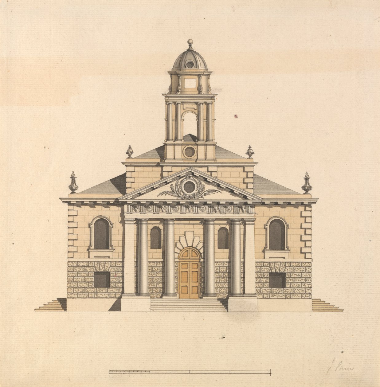 Diseño para una iglesia: Alzado de la fachada oeste de James Paine