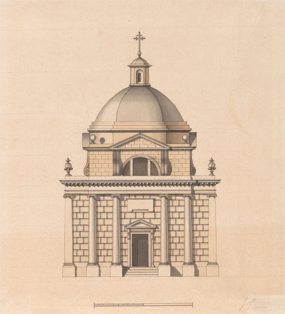 Diseño de un templo de planta cuadrada con cúpula: Alzado de James Paine
