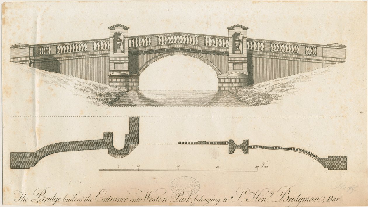 Weston-under-Lizard - Puente en la entrada a Weston Park: grabado de James Paine