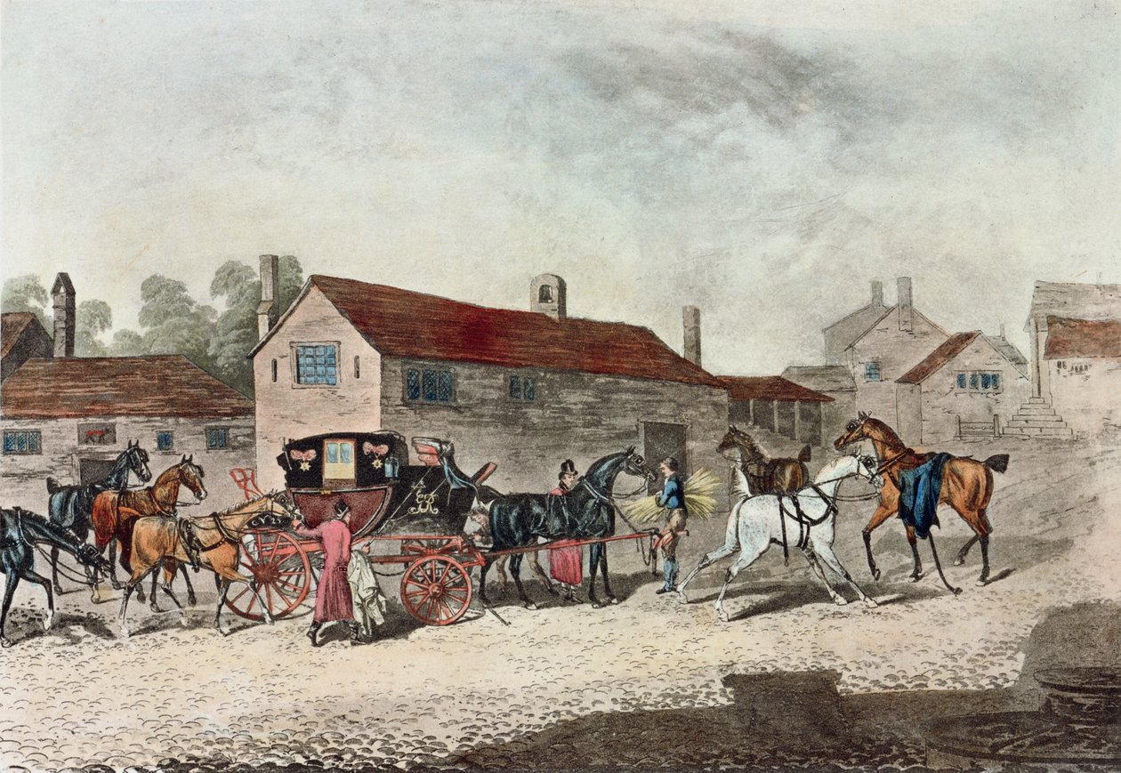 El coche de correos cambiando caballos, grabado por R. Havell, 1815 de James Pollard