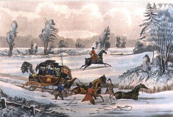 El coche de correos en una ventisca de nieve, grabado por G. Reeves, pub. por J. Watson 21/9/1825 de James Pollard