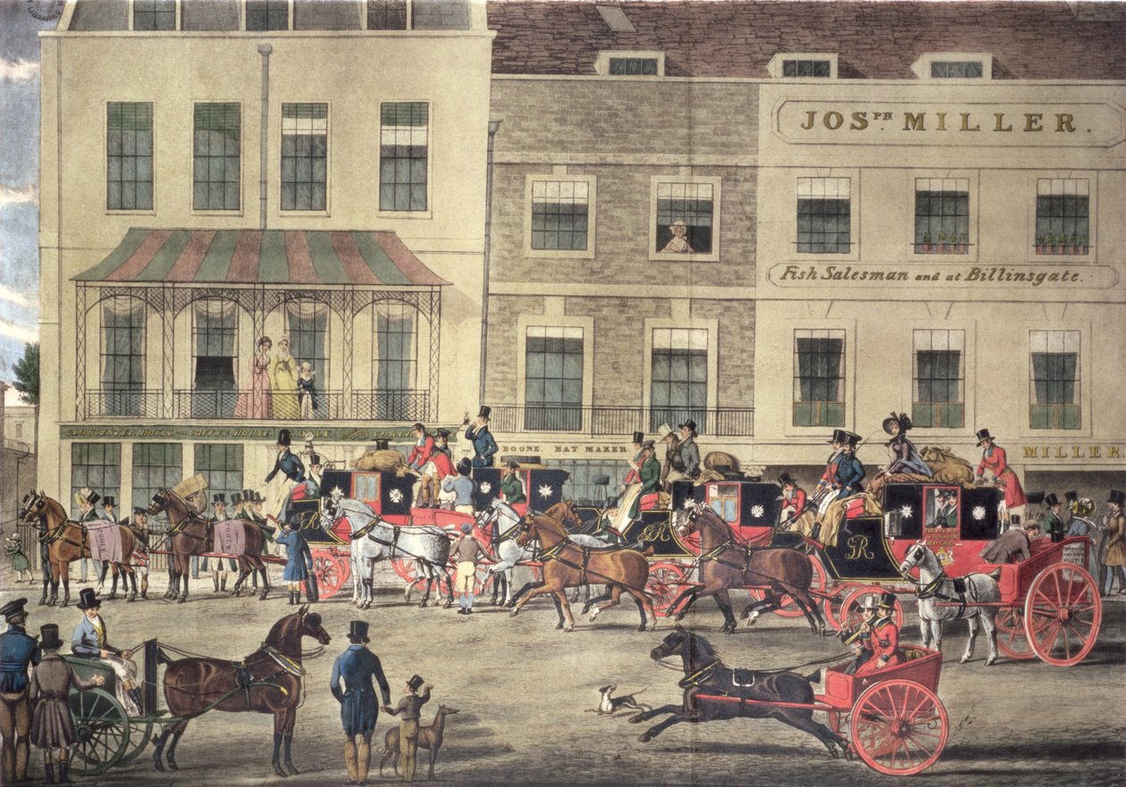 Correos del Oeste en la Casa de Café de Gloucester, Piccadilly, grabado por C. Rosenberg, 1828 de James Pollard