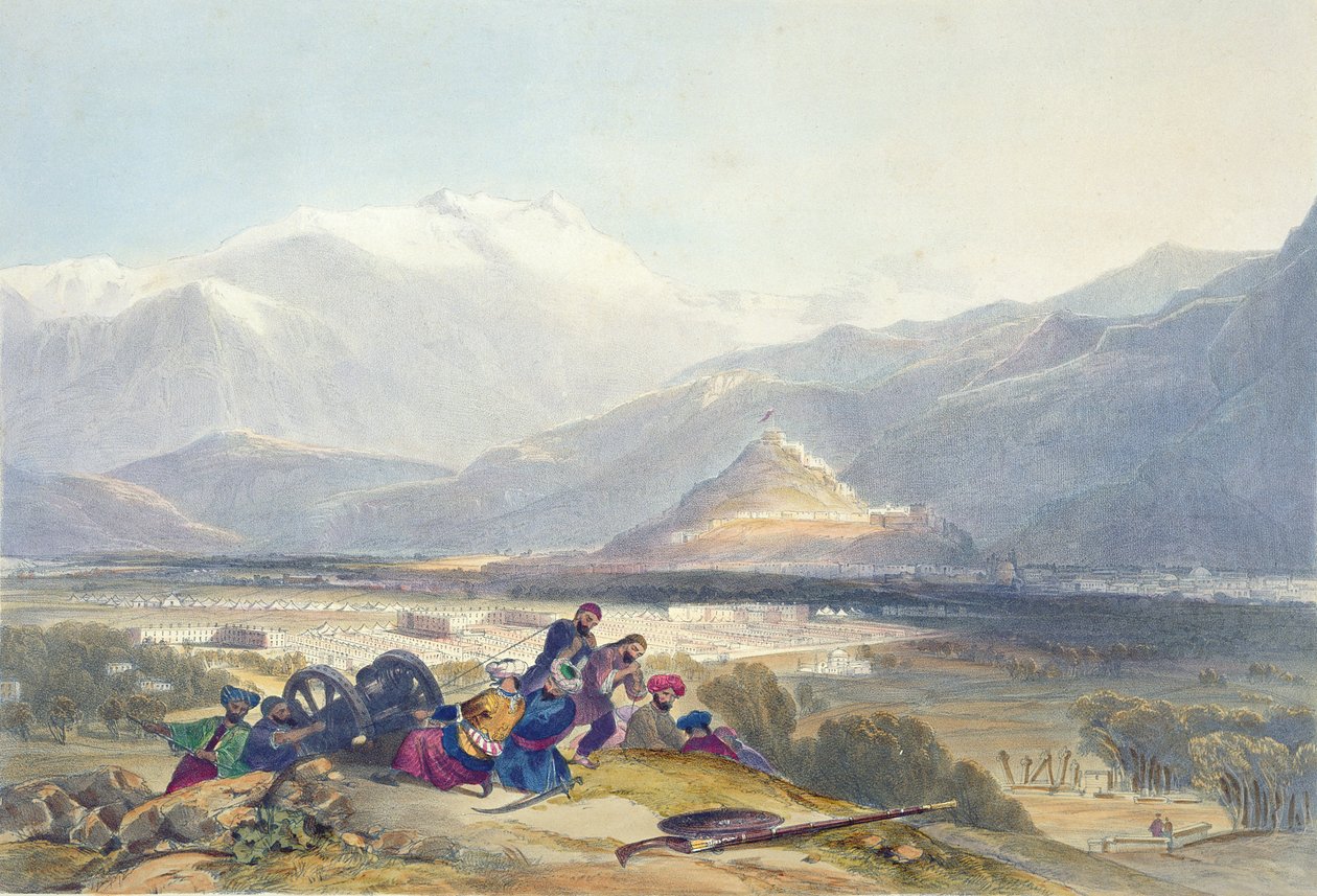 Bala Hissar y la ciudad de Kabul con los campamentos británicos desde la colina Ba Maroo, hostilidades comenzando, placa 16 de 