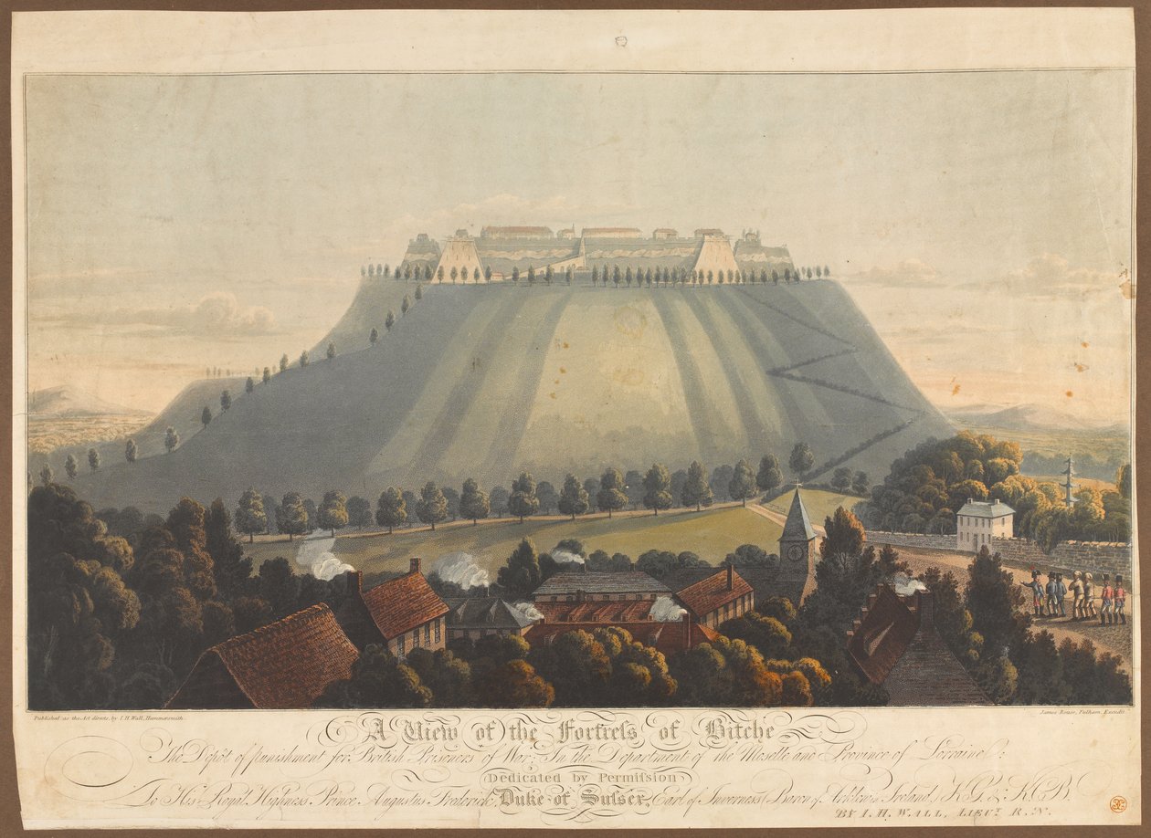 Vista de la fortaleza de Bitche. Un depósito de castigo para prisioneros de guerra británicos, 1799 de James Rouse