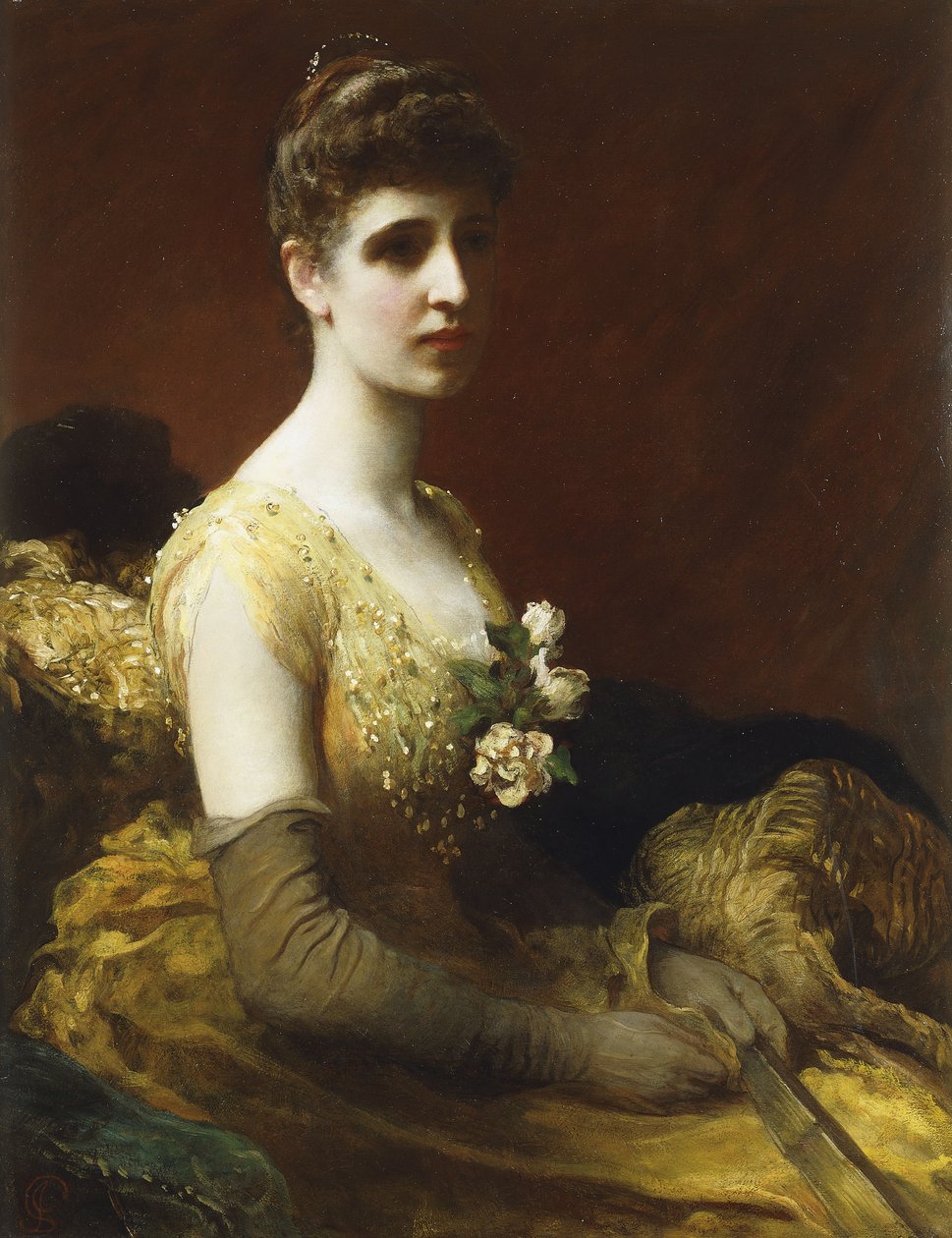 Retrato de Lady Dixon de Rheda, tres cuartos de longitud, sentada con un vestido amarillo con flores y sosteniendo un abanico de James Sant