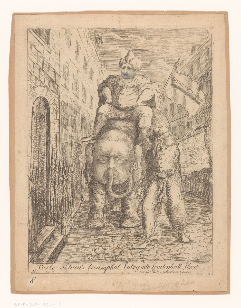 Spotprent de Charles Fox Entrada triunfal de Carlo Khan en Leadenhall Street (título sobre el objeto) de James Sayers
