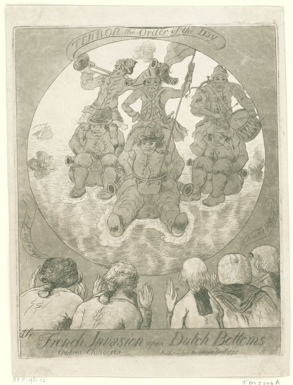 Spotprent op de Franse invasie, 1795 Invasión francesa sobre fondos holandeses. Ombres Chinoises / Terror the Order of the Day (título sobre objeto) de James Sayers
