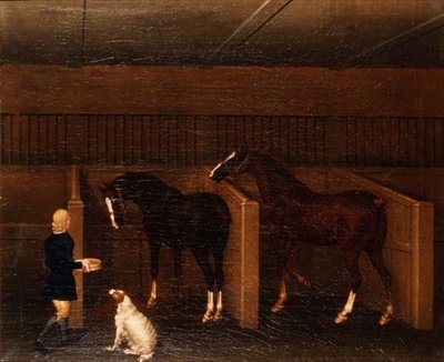 Un mozo de cuadra, caballos y un perro en un establo de James Seymour