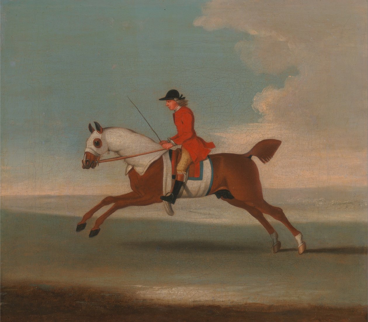 Uno de los cuatro retratos de caballos - un caballo de carreras alazán ejercitado por un entrenador con bata roja: galopa hacia la izquierda, el caballo lleva cubiertas de sudor blanco en la cabeza, el cuello y el cuerpo de James Seymour