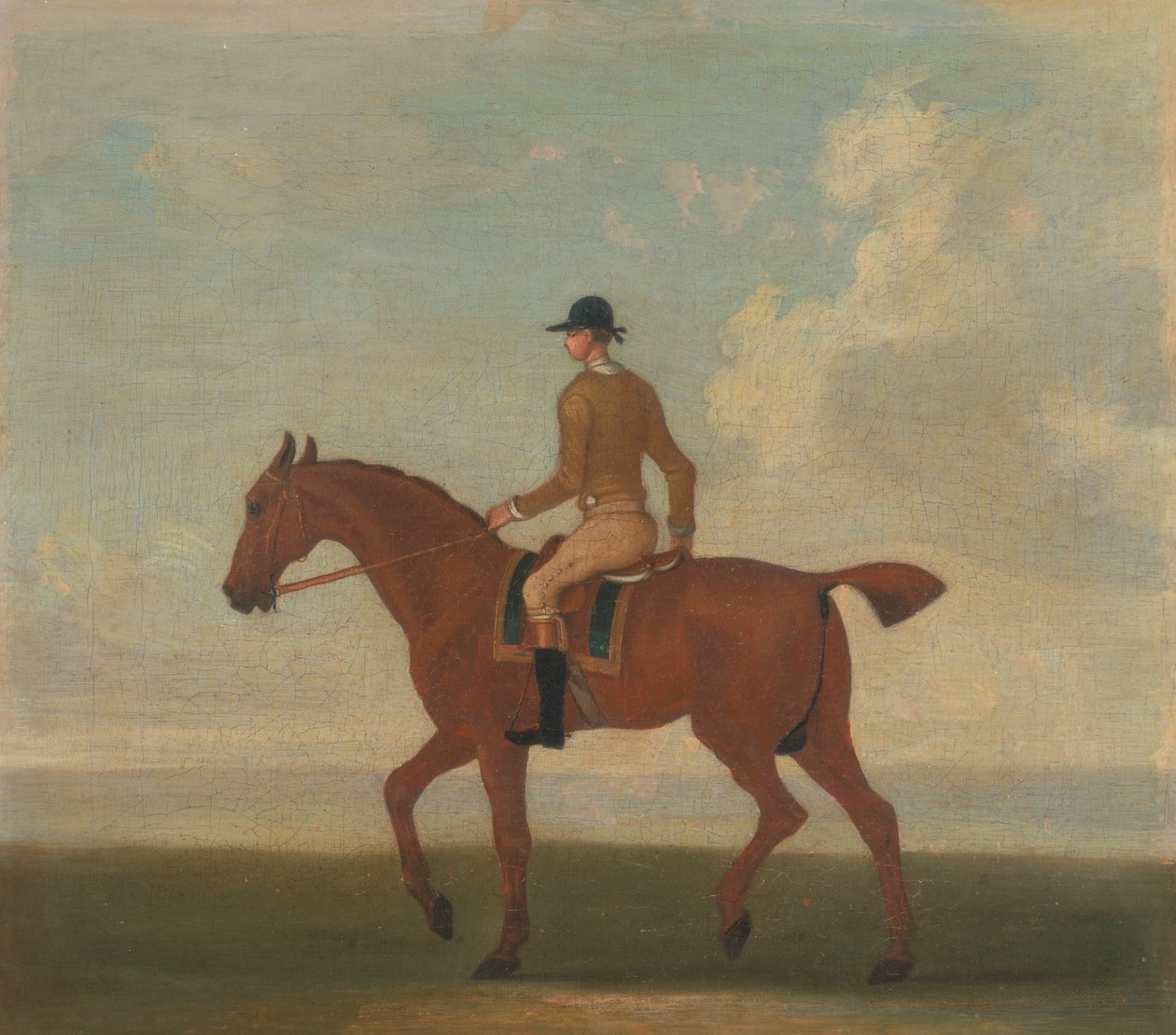 Uno de los cuatro retratos de caballos - un caballo de carreras castaño con jinete arriba: caminando hacia la izquierda; jinete con chaqueta amarillo ante de James Seymour