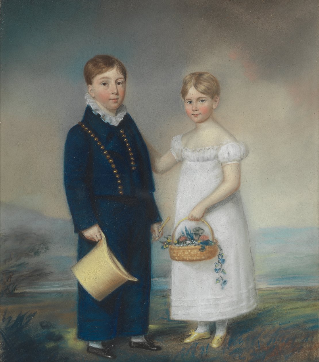 Niño con sombrero y niña con cesta de flores, de pie en un paisaje de James Sharples