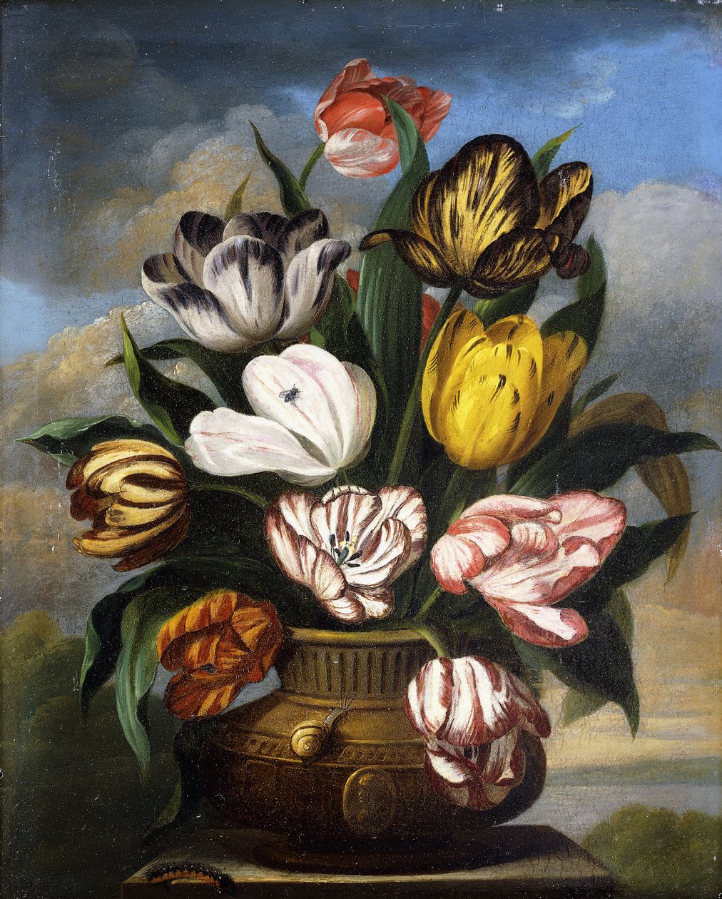 Tulipanes en un jarrón, con una oruga, un caracol y una mosca, sobre un pedestal en un paisaje, 1826 de James Sillett