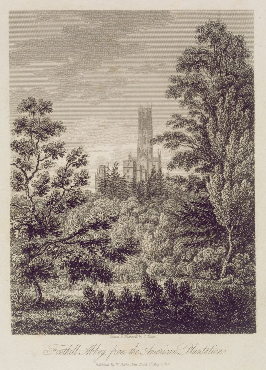 Abadía de Fonthill desde la plantación americana, publicada por W. Clarke, New Bond Street, 1812 de James Storer