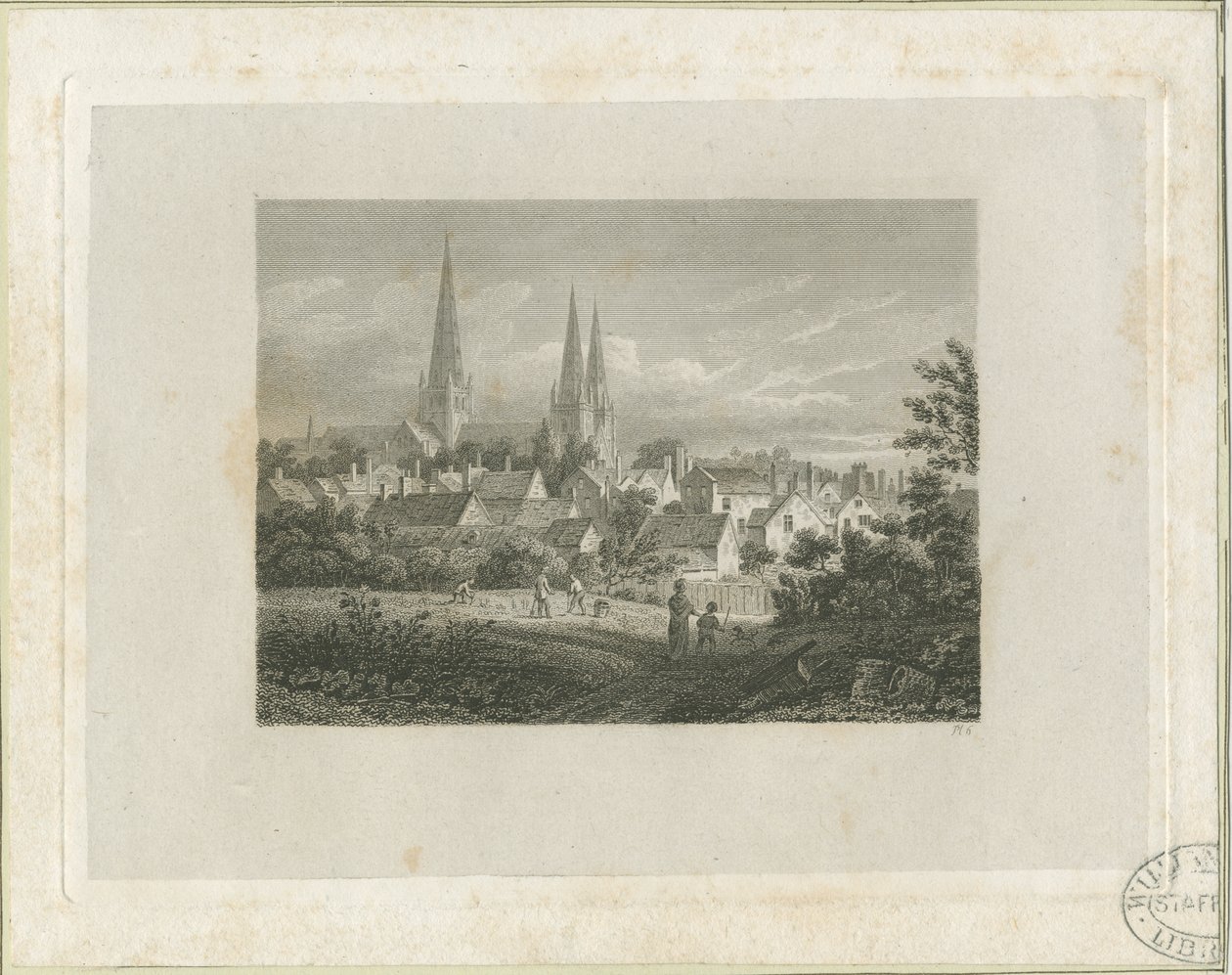 Catedral de Lichfield - Vista norte noroeste (distante): grabado de James Storer
