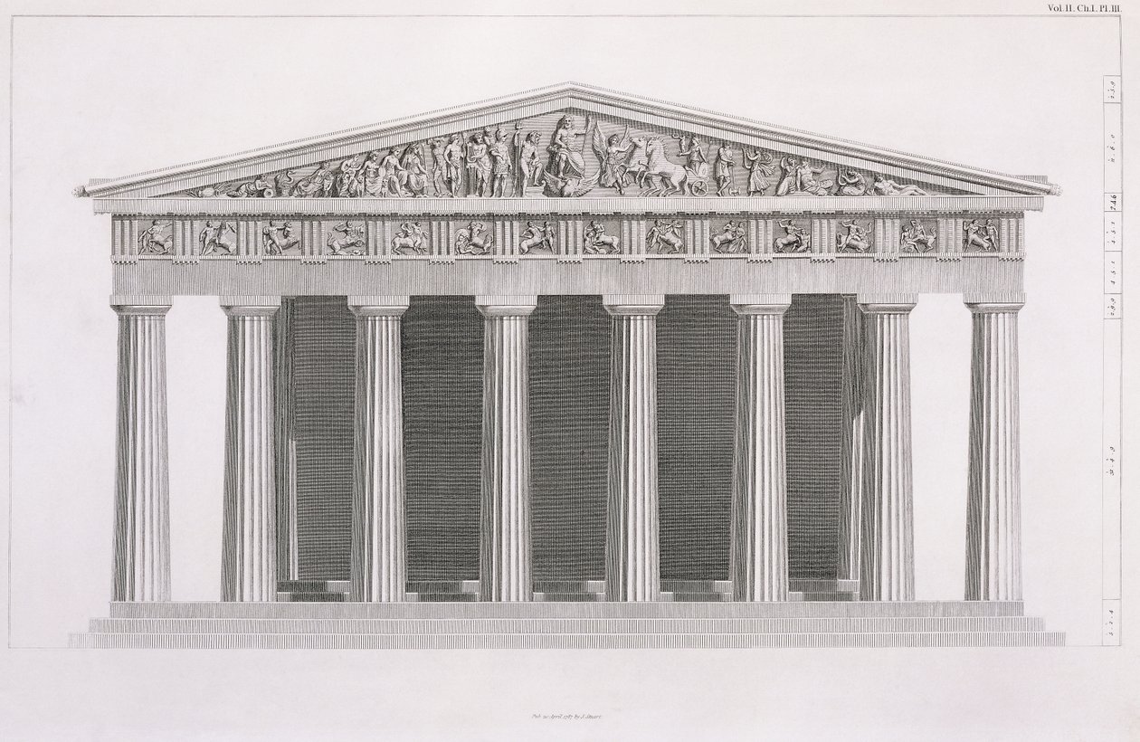 Elevación frontal de un edificio clásico, Volumen II, Capítulo I, Lámina III, de "The Antiquities of Athens", por James Stuart de James Stuart