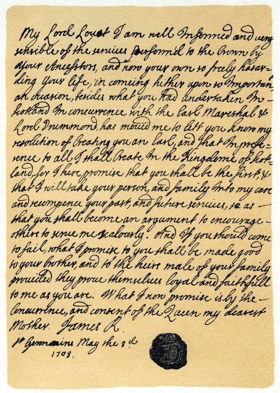 Carta de James Edward Stuart a Simon Fraser, Lord Lovat, St Germains, 3 de mayo de 1703 de James Stuart