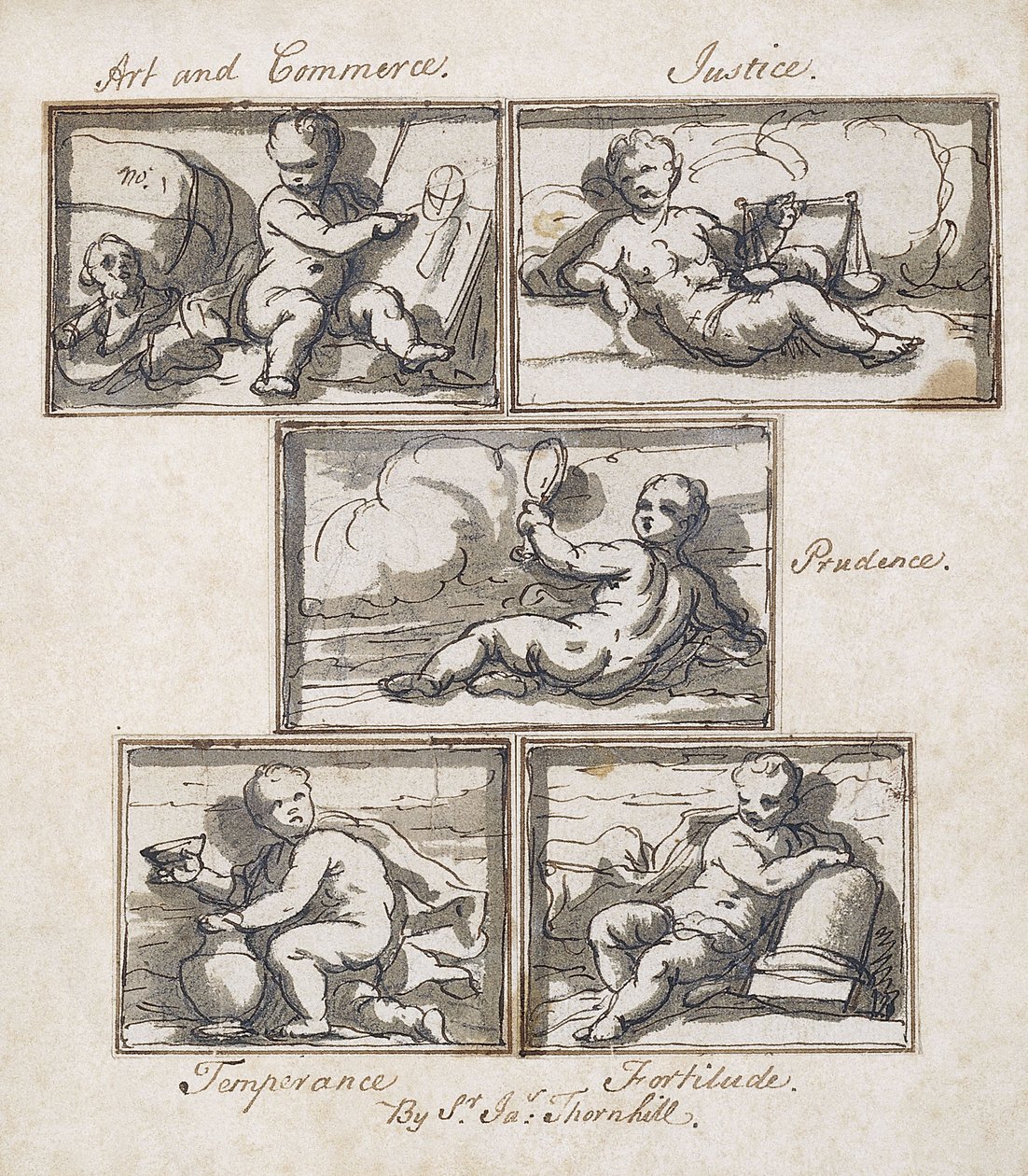 Arte y Comercio; Justicia; Prudencia; Templanza; y Fortaleza de James Thornhill