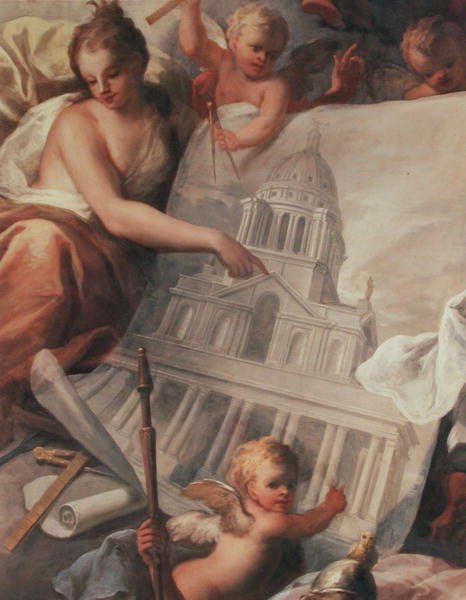 Techo del Salón Pintado, (detalle) mostrando un dibujo del exterior del Salón Pintado de James Thornhill
