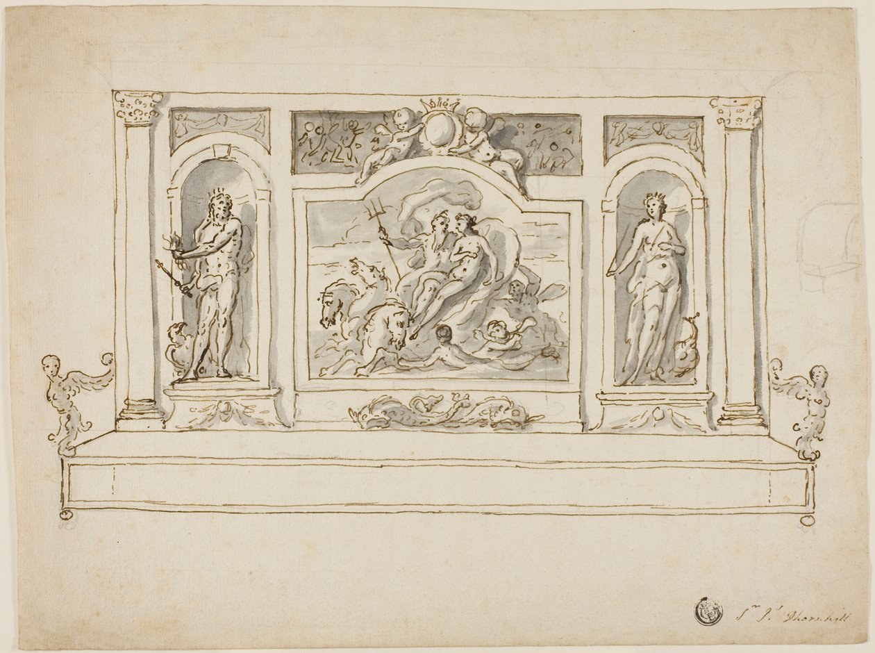 Neptuno y Anfítrite flanqueados por Júpiter y Juno: diseño para banco pintado de recibidor o jardín de James Thornhill