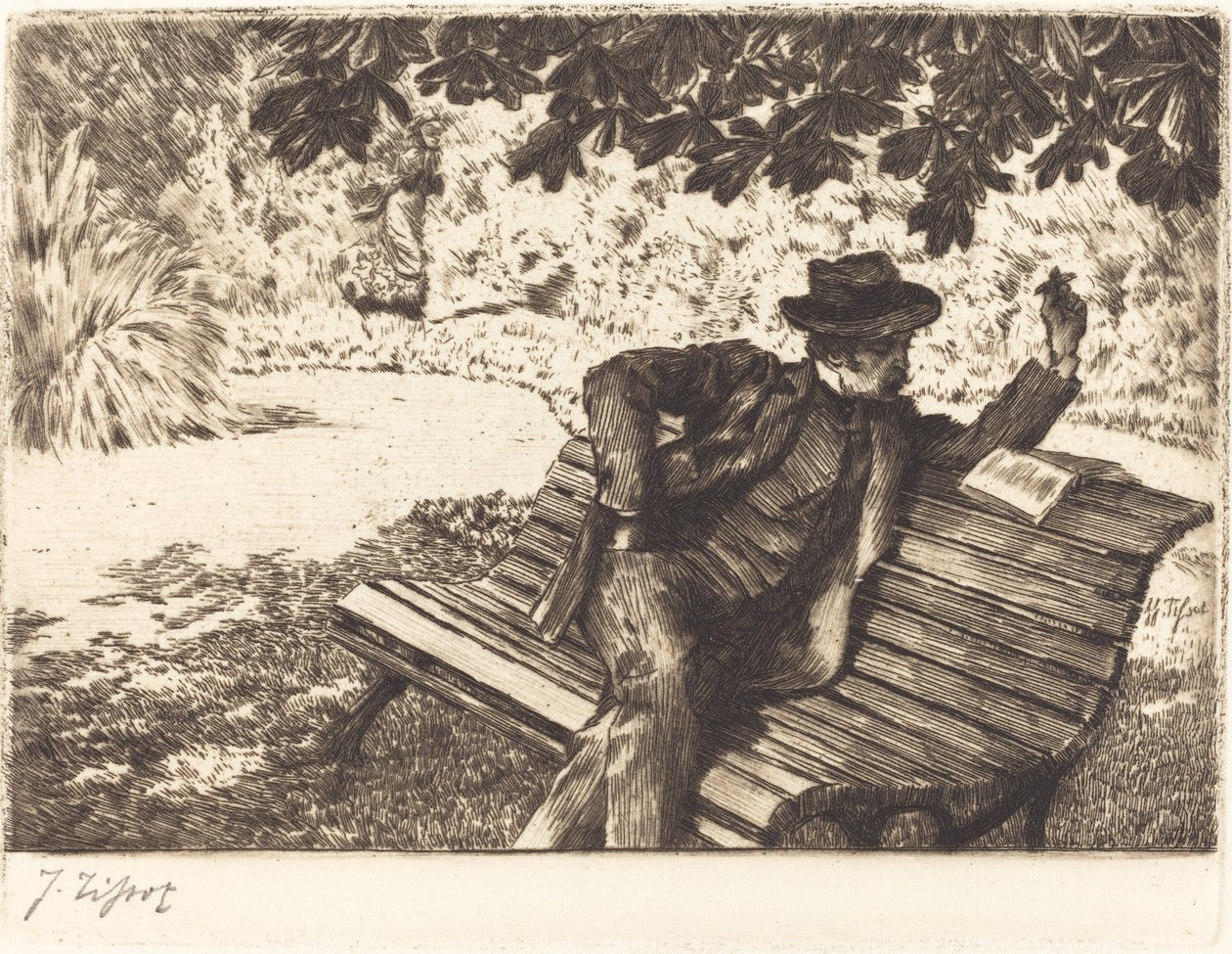 Denoisel leyendo en el jardín de James Tissot