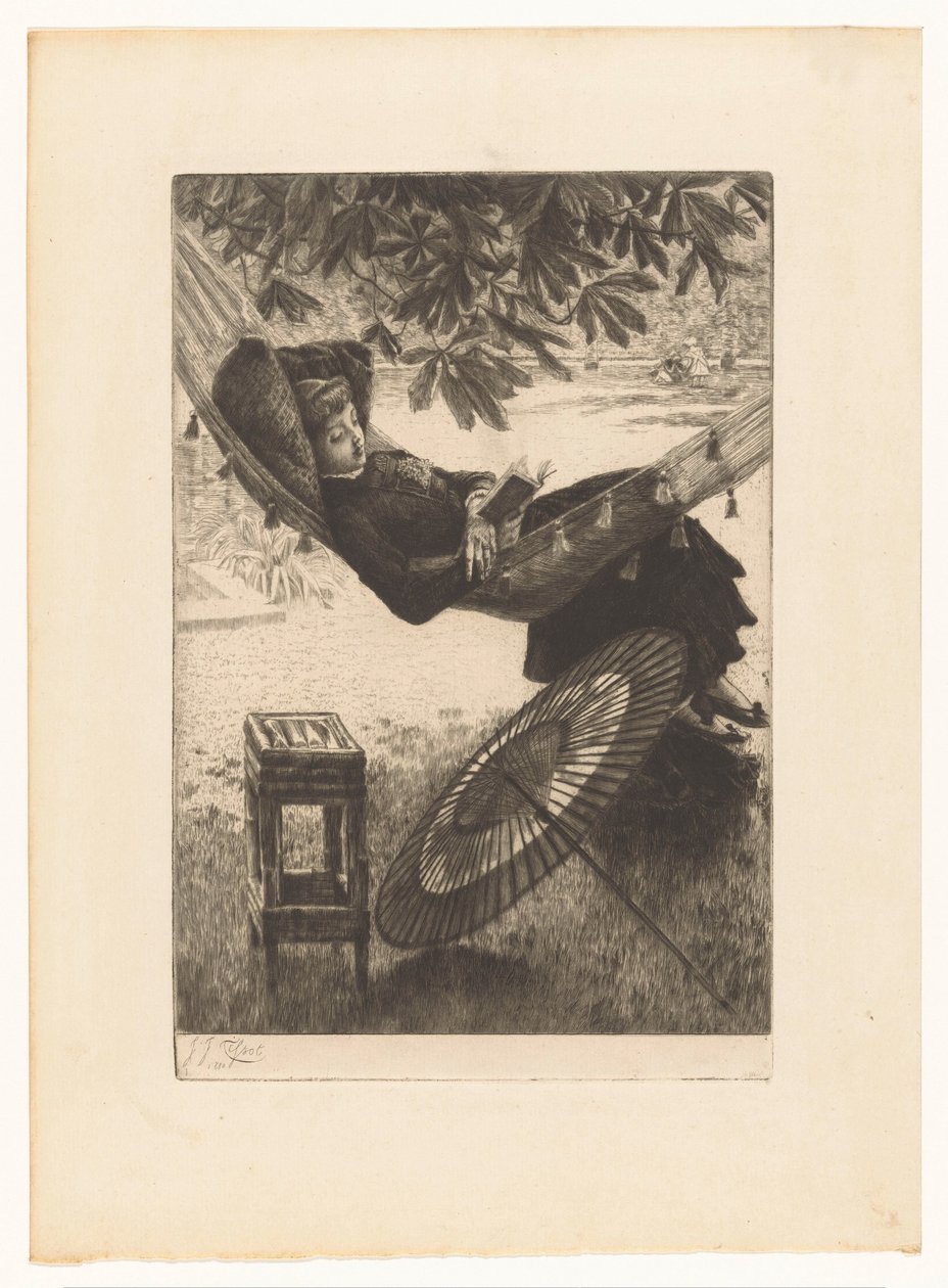 mujer joven, lectura, en, un, hamaca de James Tissot