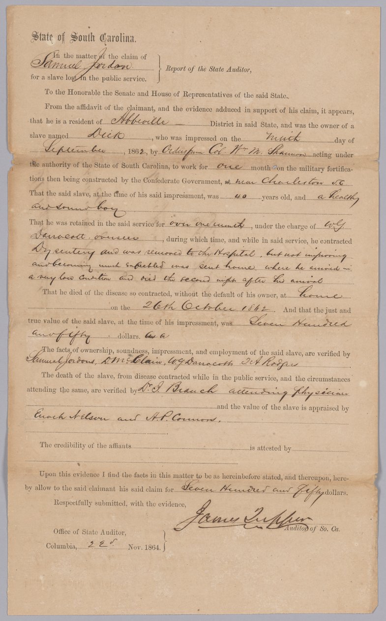 Reclamación otorgada por el estado confederado de Carolina del Sur para el esclavo Dick, 23 de noviembre de 1864 de James Tupper