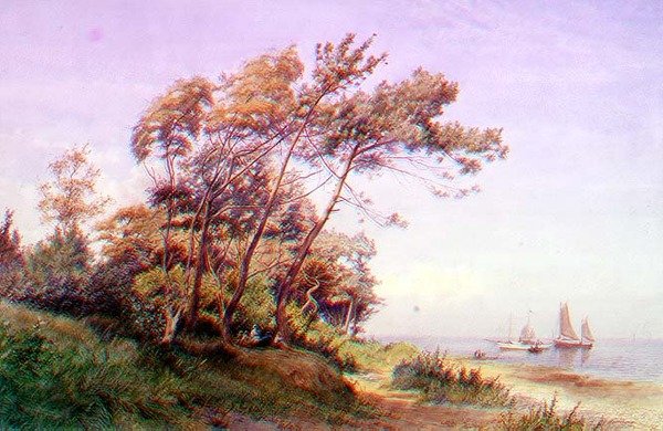 Un picnic en la costa, Isla de Wight, con un yate anclado en alta mar ondeando el estandarte del Royal Yacht Squadron de James Waite