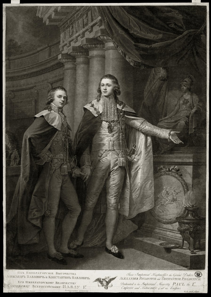 Retratos de los Grandes Duques de Rusia Alejandro I Pavlovich (1777-1825) y Constantino Pavlovich (1779-1831). Obra de James Walker (1748-c. 1808), grabado de 1797. Arte inglés de James Walker