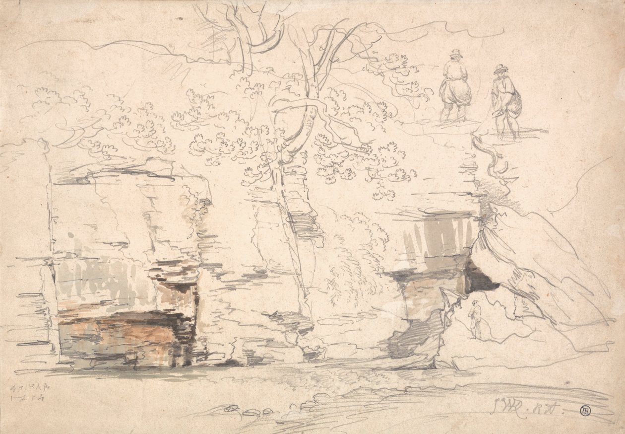 Una ladera rocosa con árboles y figuras de James Ward