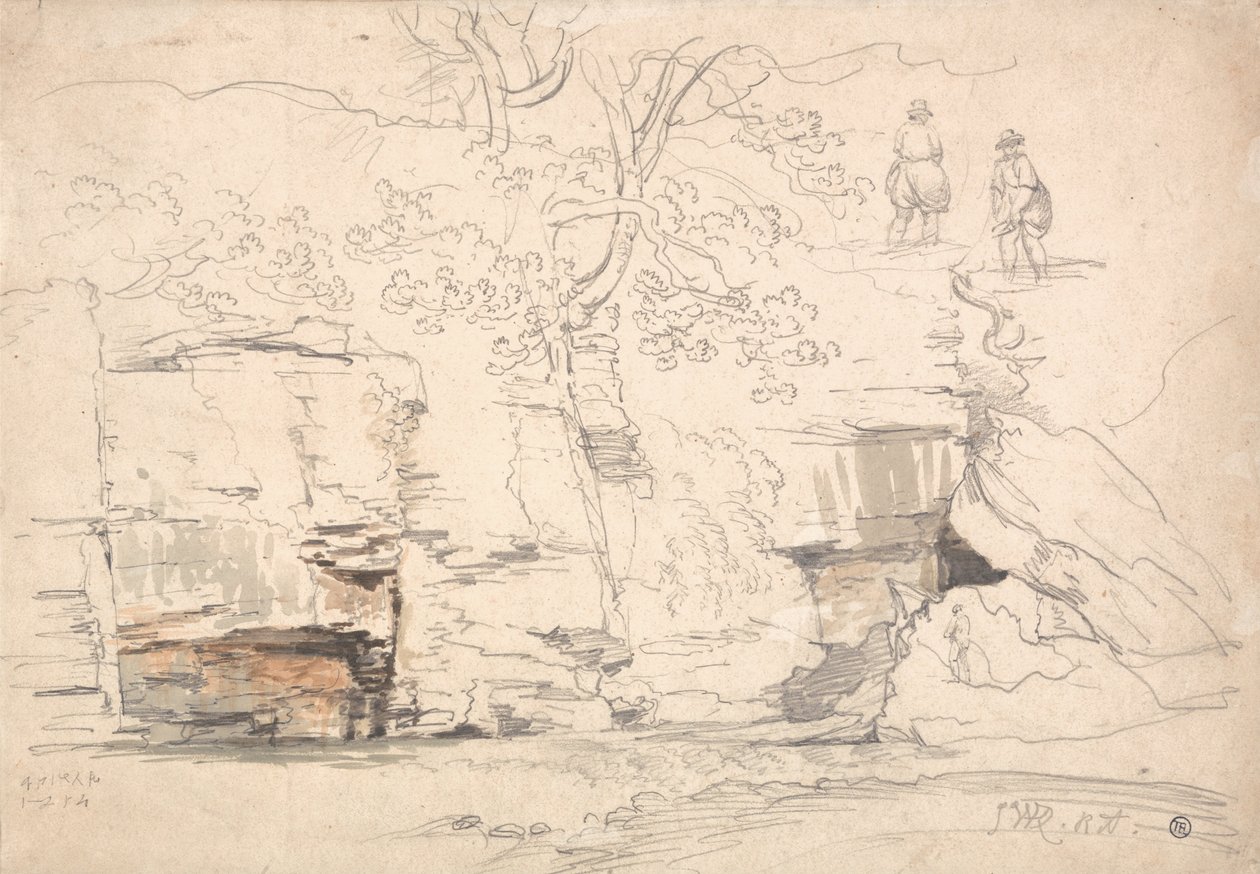 Una ladera rocosa con árboles y figuras de James Ward