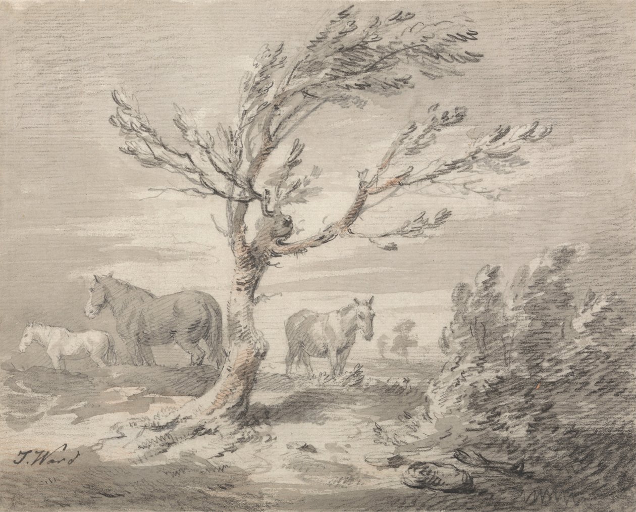 Paisaje con tres caballos y un árbol en primer plano de James Ward