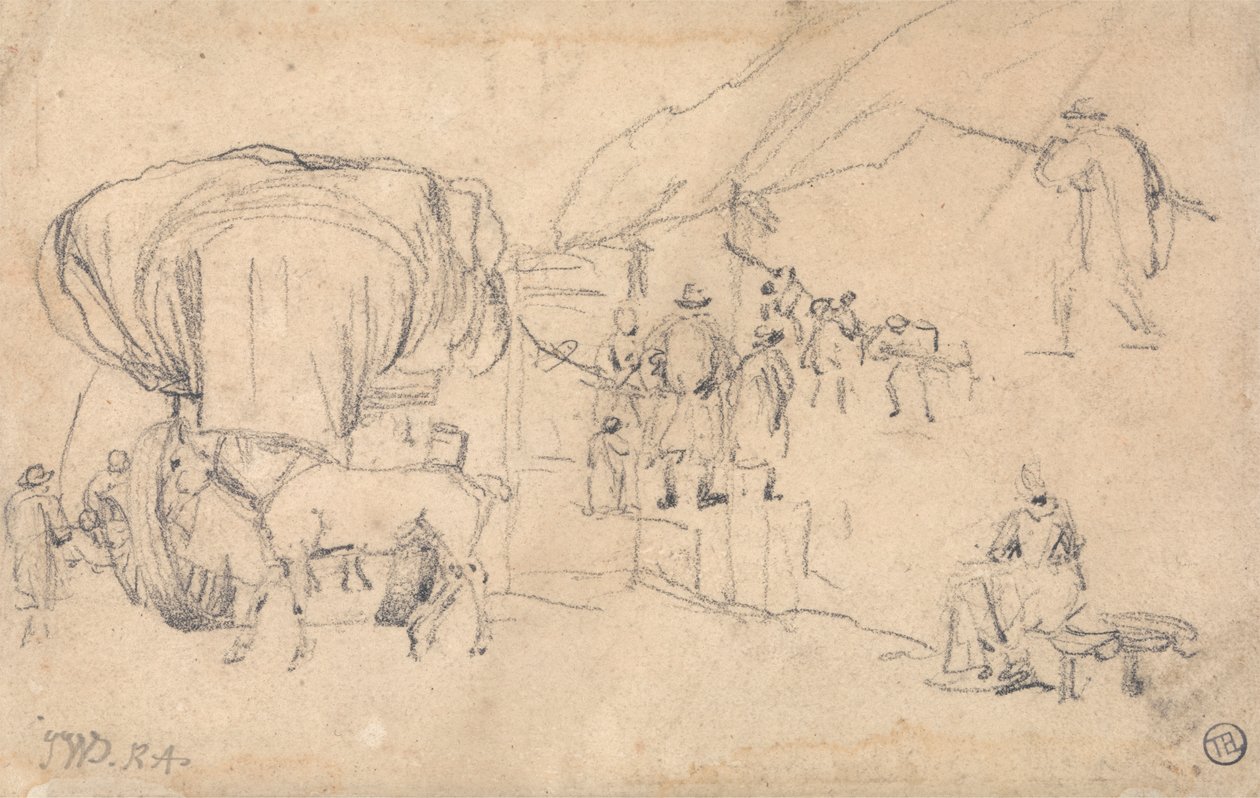 Hoja de bocetos: Vagón, caballo, lechera y otras figuras de James Ward