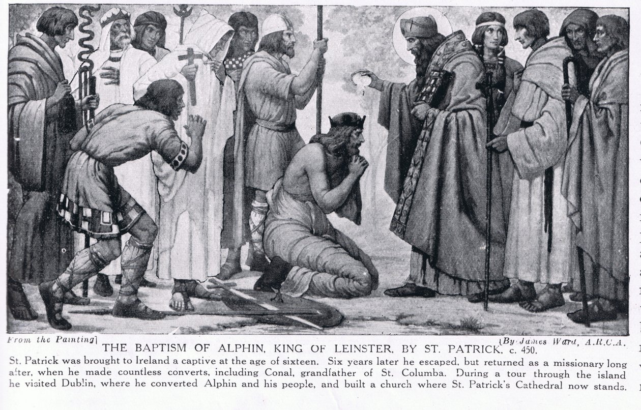 El bautismo de Alphin, rey de Leinster, por San Patricio, ilustración de 