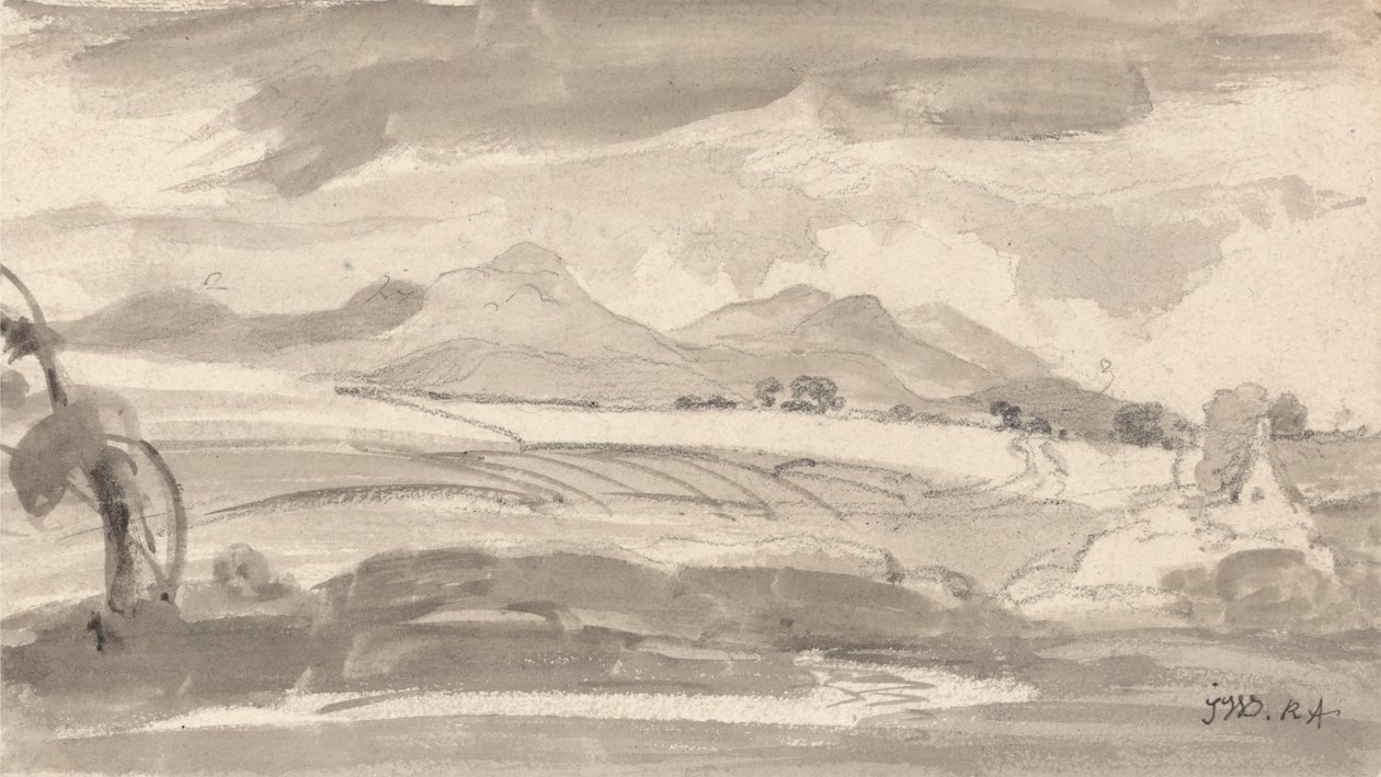 Vista de campos y montañas lejanas, con una cabaña a la derecha de James Ward