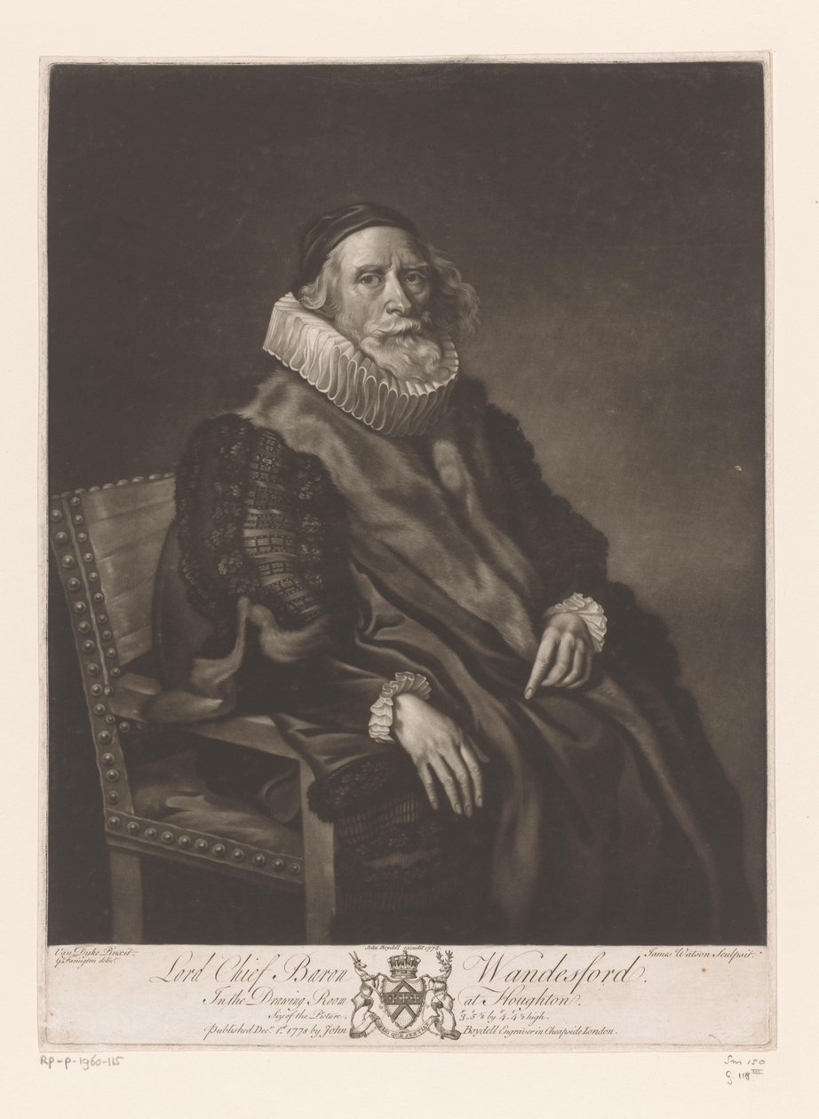 Portret de Rowland Wandesford Lord Chief Baron Wandesford (título sobre el objeto) Schilderijen uit The Houghton Gallery (título de la serie) The Houghton Gallery (título de la serie) de James Watson (prentmaker)