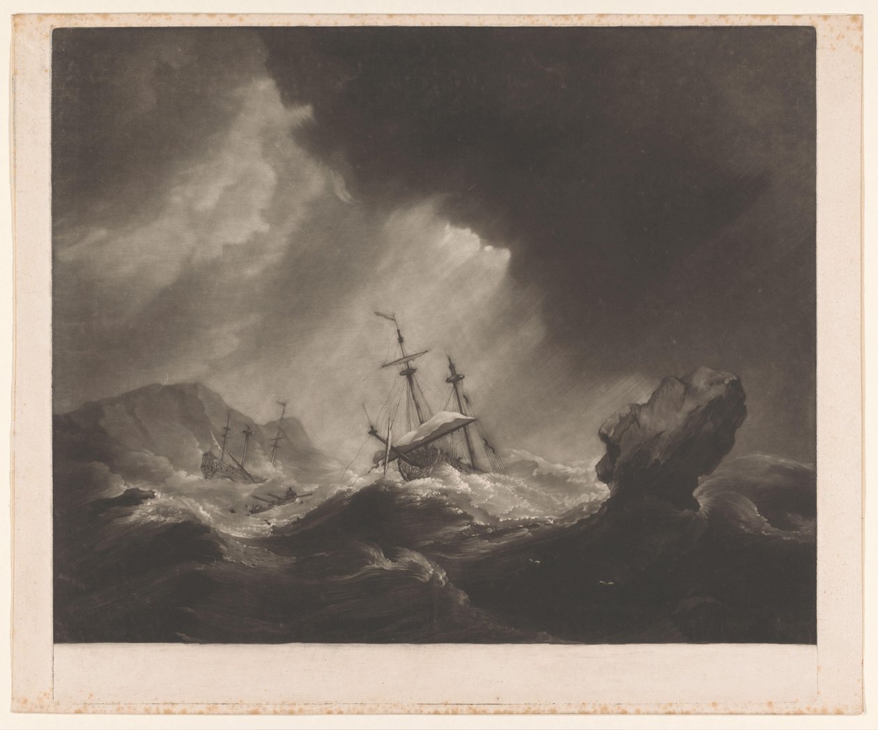 Tormenta en el mar con naufragio y barco que se hunde de James Watson (prentmaker)
