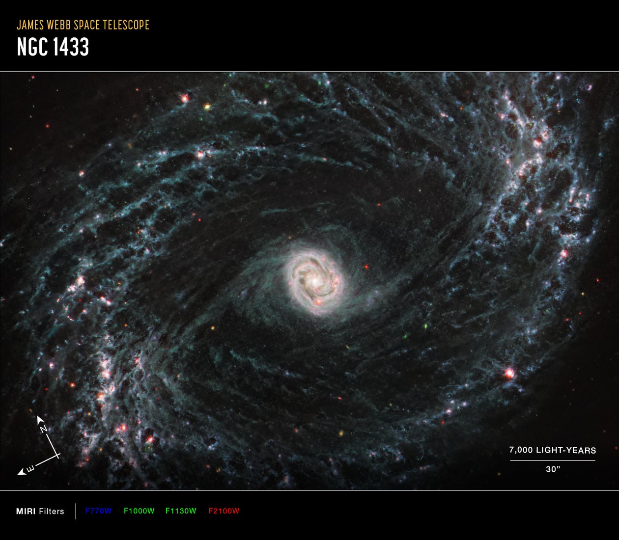NGC 1433 (Imagen de brújula MIRI) de James Webb Space Telescope (NASA)