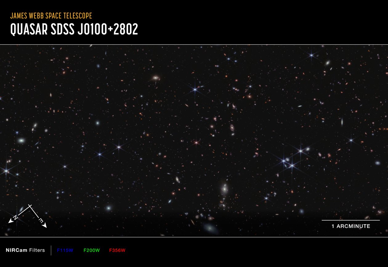 Quasar J0100+2802 (Imagen de brújula NIRCam) de James Webb Space Telescope (NASA)