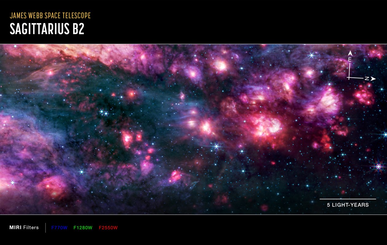Sagitario B2 (imagen de MIRI Compass) de James Webb Space Telescope (NASA)