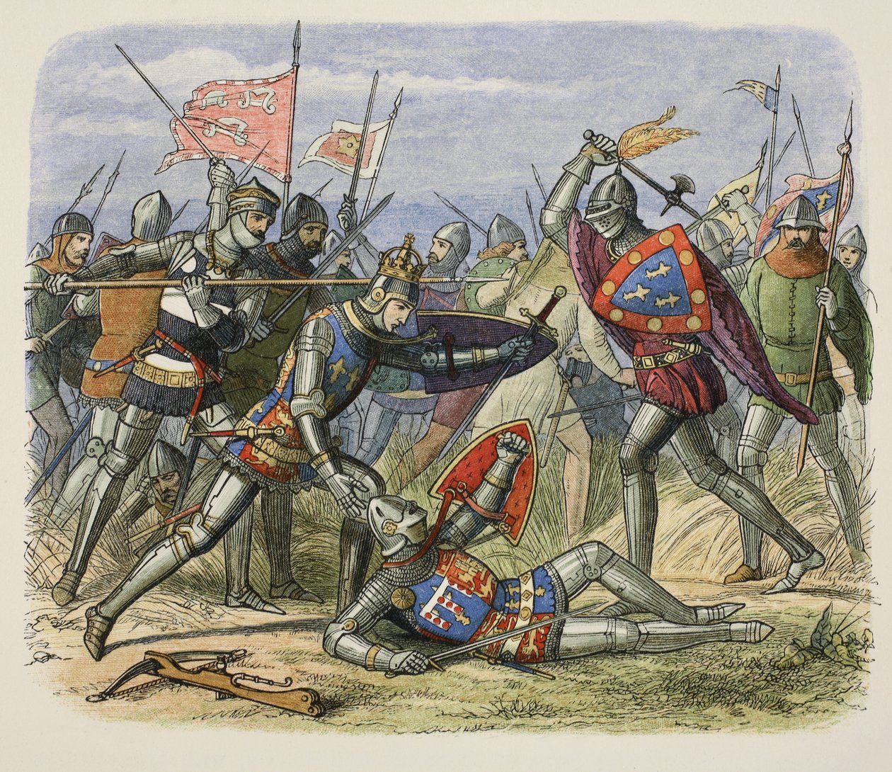 Enrique V atacado por el duque de Alençon en el campo de batalla, de Una crónica de Inglaterra BC 55 a AD 1485, pub. Londres de James William Edmund Doyle