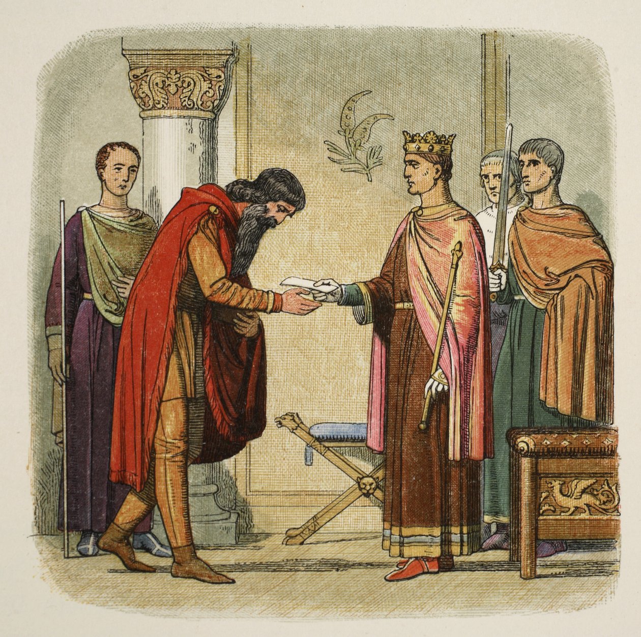 Enrique autoriza a Dermod a reclutar fuerzas, 1170, de Una Crónica de Inglaterra BC 55 a AD 1485, pub. Londres, 1863 de James William Edmund Doyle