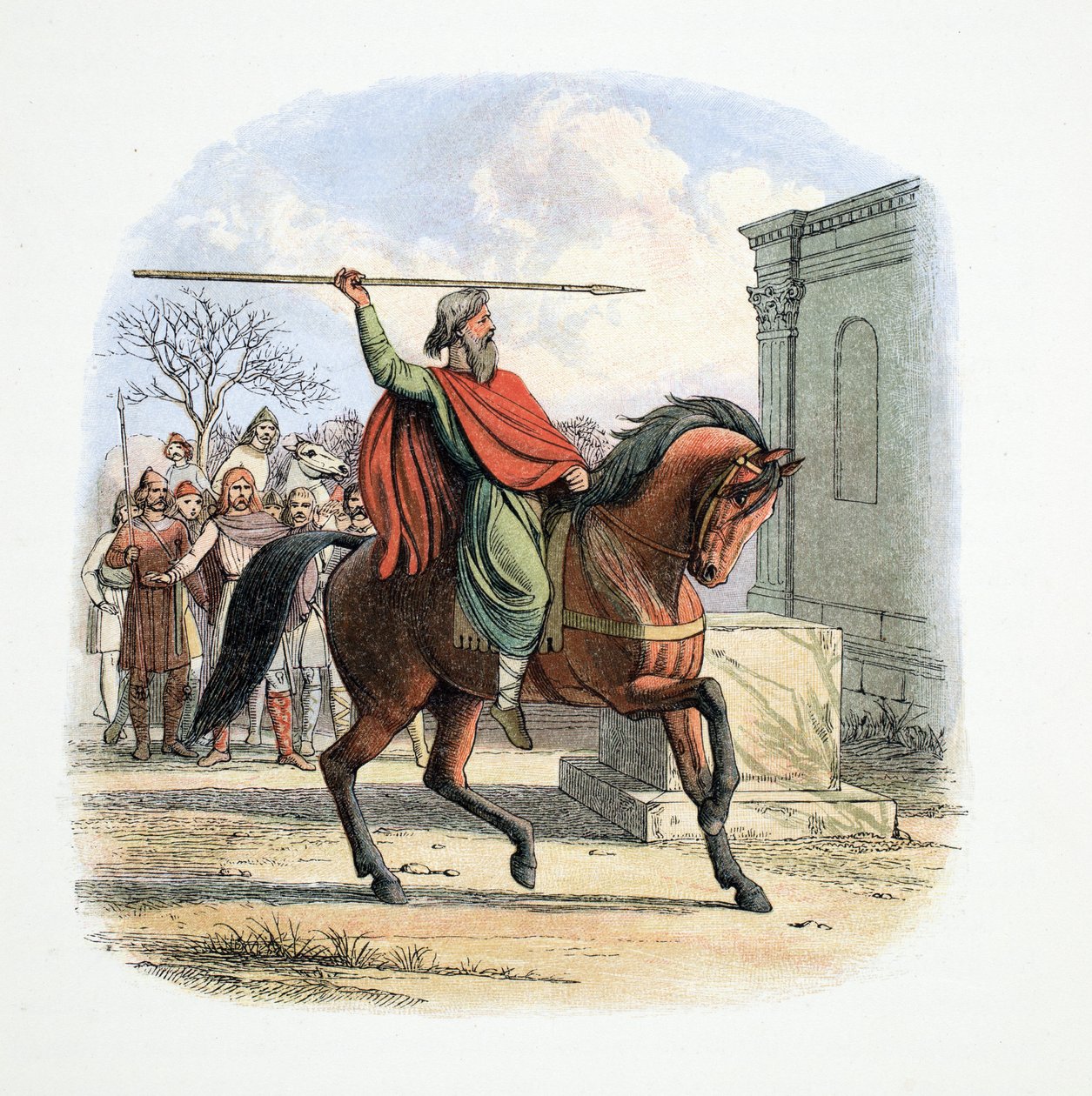 El sumo sacerdote, Coifi, profana el templo de los ídolos, 627 d.C., de Una crónica de Inglaterra 55 a.C. a 1485 d.C., pub. Londres, 1863 de James William Edmund Doyle