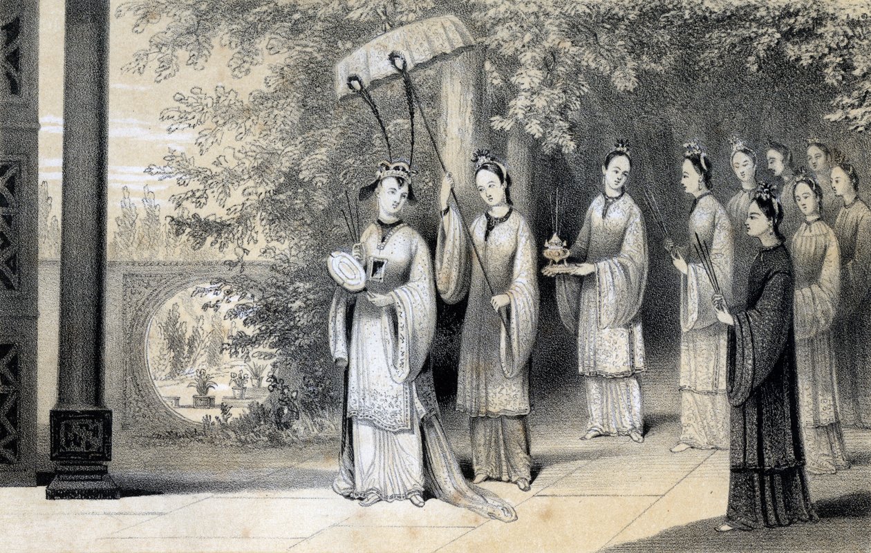 La emperatriz y sus asistentes procediendo al templo desde el bosque de moreras, 1847 de James William Giles