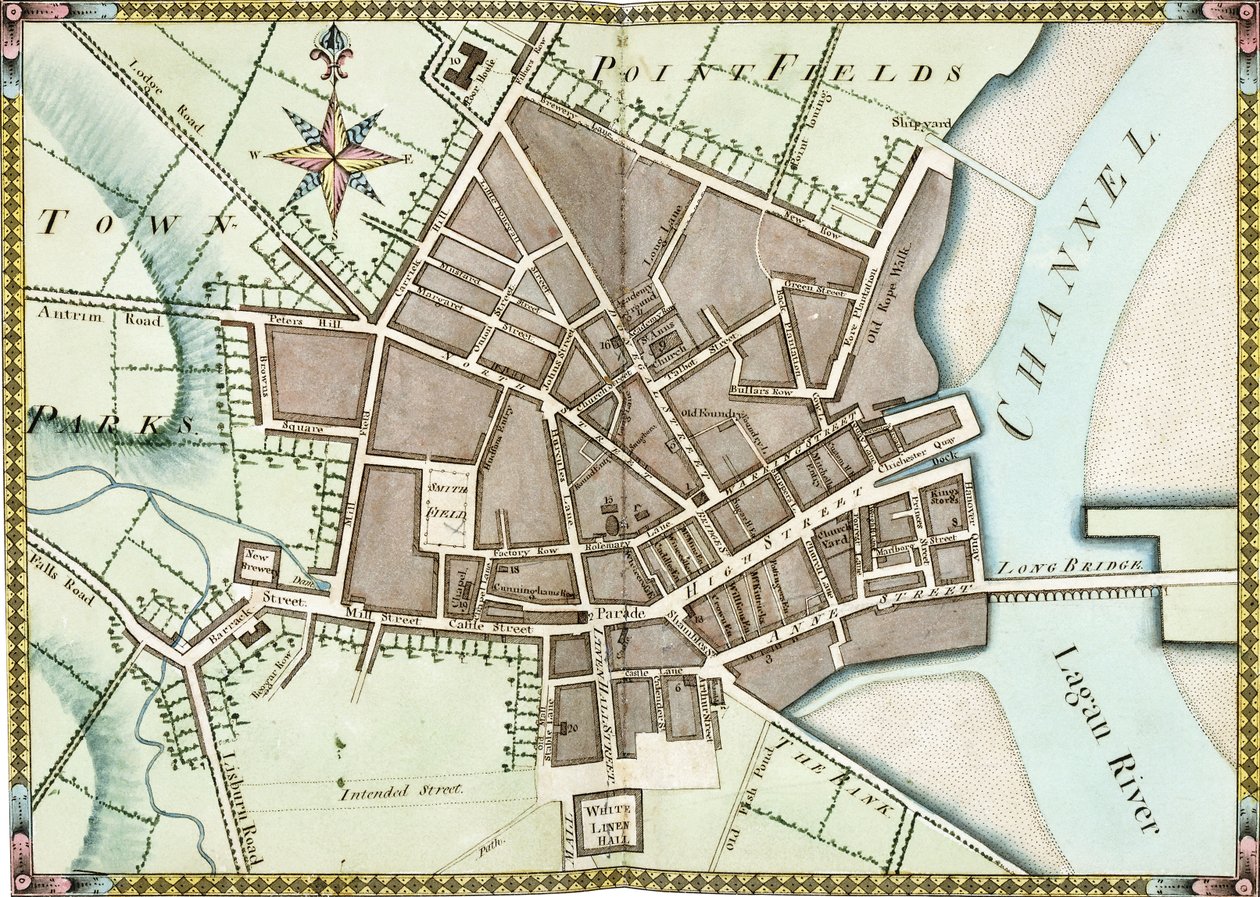 Plano acuarela de doble página de Belfast, c.1795 de James Williamson