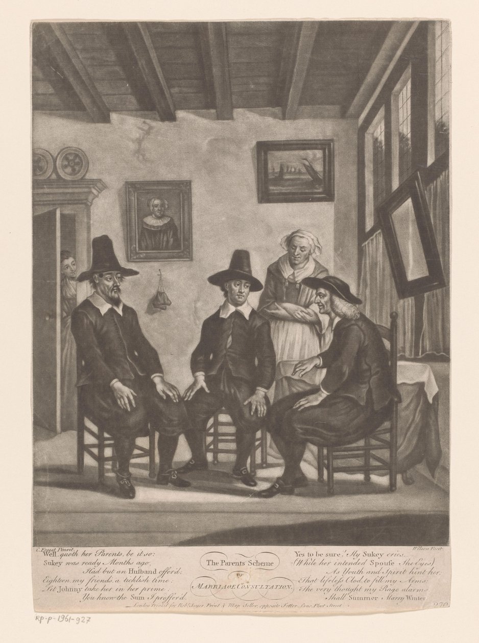 Tres hombres en consulta mientras una joven escucha en el marco de la puerta El Plan de Padres / o / Consulta Matrimonial (título sobre objeto) de James Wilson