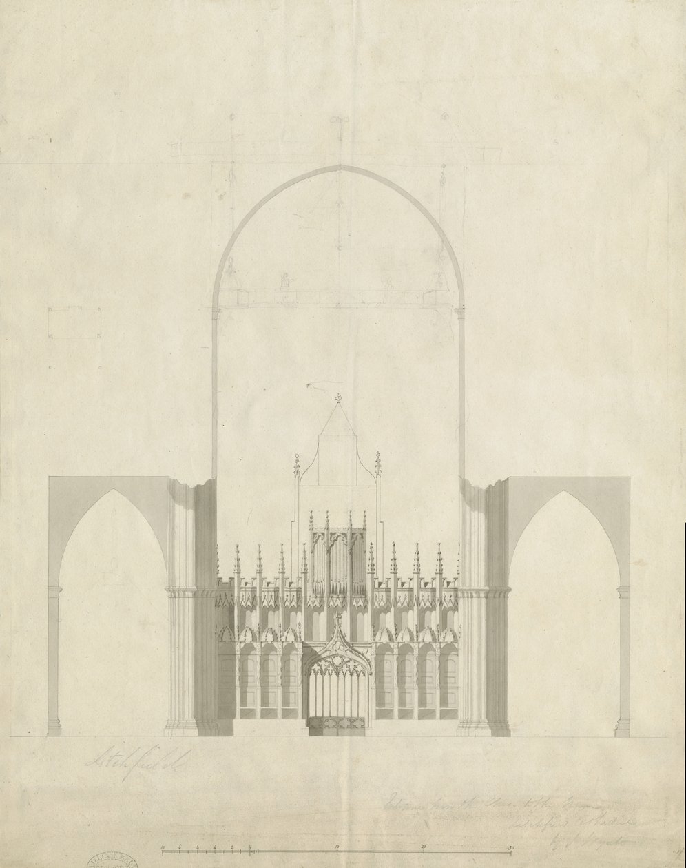 Interior de la Catedral de Lichfield - Entrada del coro a la nave: dibujo y lavado, nd [c 1780] de James Wyatt