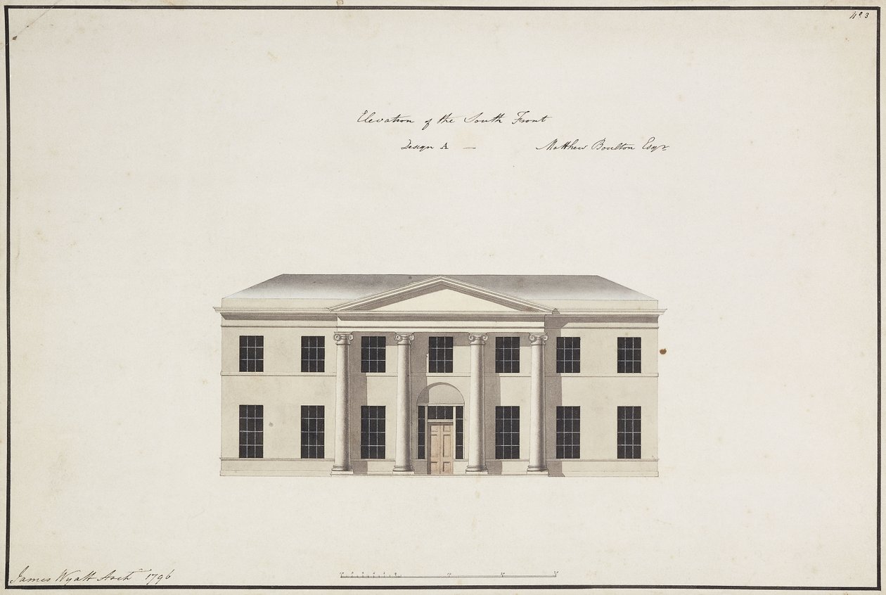 Casa Soho: plano de la planta baja; plano de la planta del dormitorio; elevación del frente sur, diseño A, elevación del frente sur, diseño B, y elevación del frente norte, 1796 de James Wyatt