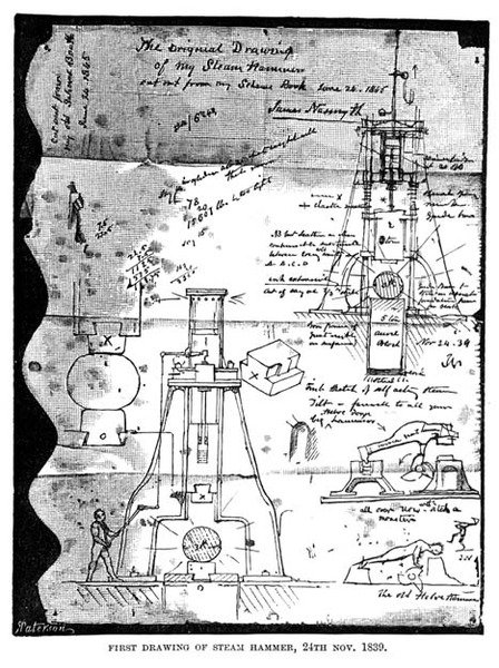 Primer Dibujo del Martillo de Vapor, 24 de noviembre de 1839, de una página arrancada del cuaderno de bocetos de Nasmyth, grabado por R. Paterson de James after Nasmyth