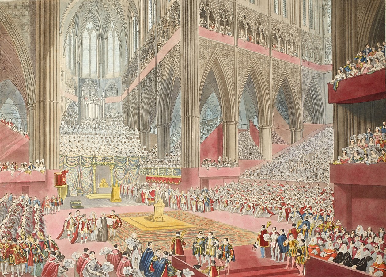La coronación de Su Majestad, Jorge IV: tomada en el momento del reconocimiento, pub. 1822 (grabado coloreado a mano) de James after Stephanoff
